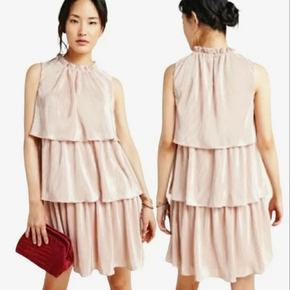 Anthropologie Ro & De sleeveless tiered crinkly pink and gold dress Sz M NWOT